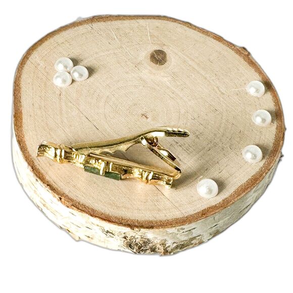 Vintage Jade Cufflinks Tie Clip Set Gold Tone Elegant Wedding Men Bamboo Asian - Picture 9 of 14